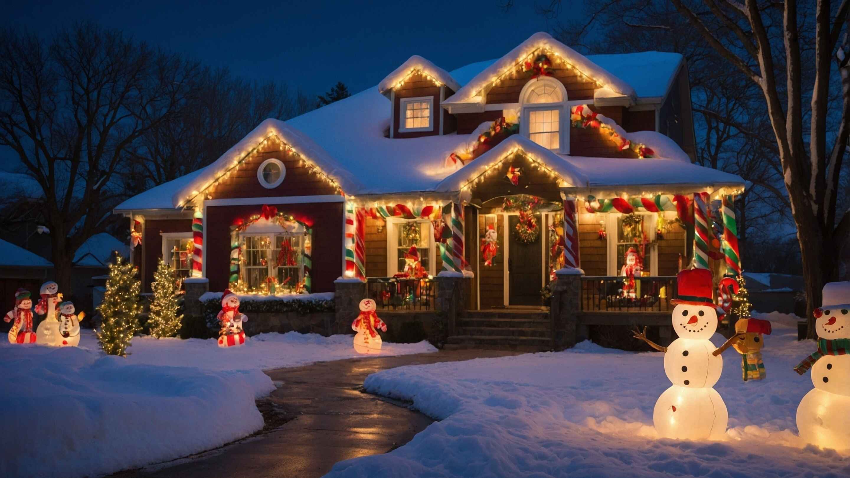 Snow-covered house with Christmas lights and festive decorations.